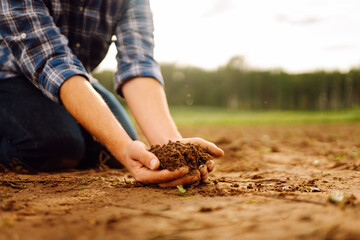 Farmer holding soil in hands close-up. Ecology, agriculture concept.