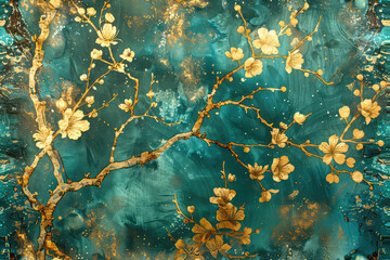 Turquoise and Gold Toile Pattern. Pattern for creating fabric and clothing. 