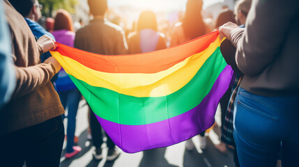 group of people holding hands on lgbt flag