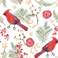 Obraz na płótnie Canvas Seamless pattern. Cardinal bird and thuja twigs, cotton watercolor illustration. Print for greeting card, wallpaper, fabric, wrapping paper, banner. Hand drawn image