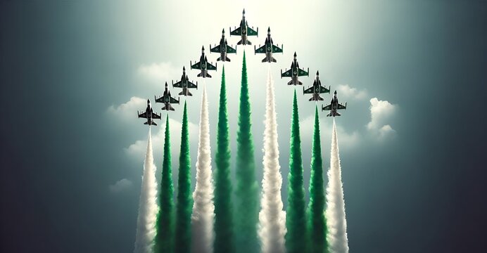 Illustration of military jets flying in formation against a clear sky leaving behind smoke trails in colors of pakistan flag.