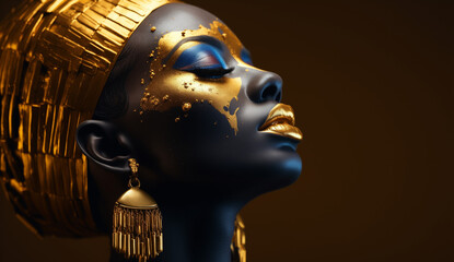 Black woman with gold top, metallic leather on black background