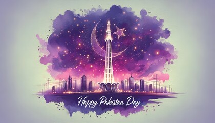 Illustration in a watercolor style for pakistan day with illuminated tower against a purple dusk sky. - obrazy, fototapety, plakaty