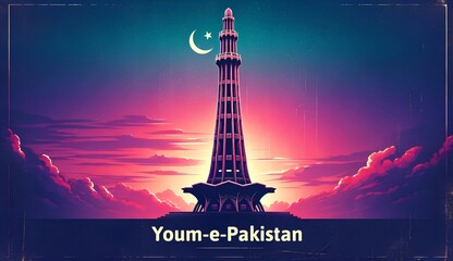 Illustration of a minar e pakistan against a vibrant evening sky for pakistan day. - obrazy, fototapety, plakaty