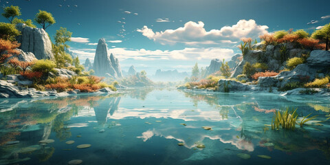 Natural Lake And Mountain Background with blue sky, Amazing fantasy water anime high resolution Ai generated art


