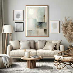View of modern scandinavian style interior with artwork mock up on wall. 