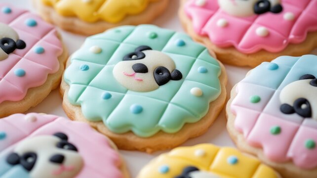Quilted cookies in vibrant pastel colors with panda image