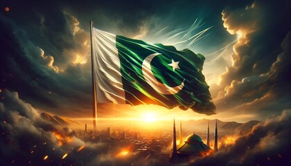 Realistic illustration of a fluttering pakistani flag at sunset for pakistan day. - Powered by Adobe
