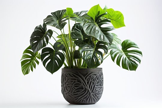 Monstera tropical green leaves plants in beautiful white pot on white background, 3d rendering