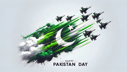 Illustration for pakistan day celeration with fighter jets forming pakistan flag. - obrazy, fototapety, plakaty