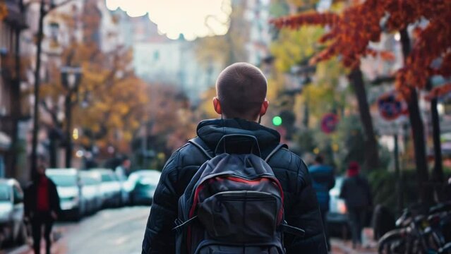 Back view of young man with backpack standing on the street in autumn