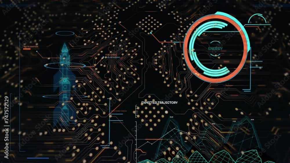 Poster animation of network of connections and rocket blue print over data processing