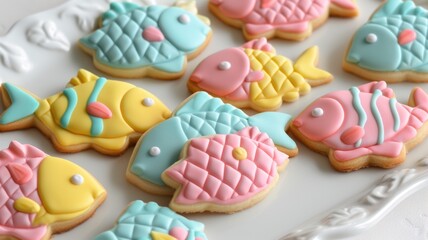 Quilted cookies in vibrant pastel colors with fish image