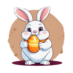 Colorful illustration of a cute Easter bunny holding a vivid chocolate Easter egg isolated on a transparent background.