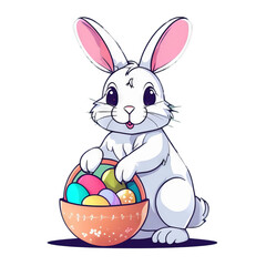 Colorful illustration of a cute Easter bunny holding a basket full of vivid chocolate Easter egg isolated on a transparent background.