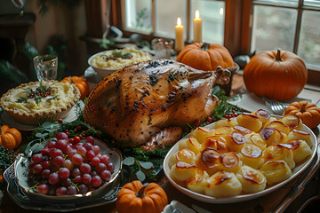 A classic Thanksgiving feast with a roasted turkey and all the trimmings.