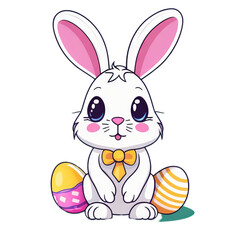 Colorful illustration of a cute Easter bunny holding a vivid chocolate Easter egg isolated on a transparent background.