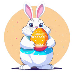 Colorful illustration of a cute Easter bunny holding a vivid chocolate Easter egg isolated on a transparent background.