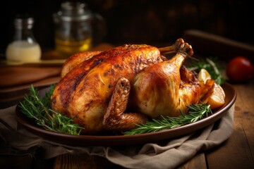 Naklejka premium Close-up view photography of a tasty roast chicken on a rustic plate against a jute fabric background. AI Generation