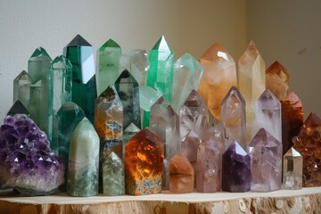 Various types of crystals minerals towers, smoky quarts and amethyst, emerald and fire quartz, aragonite - obrazy, fototapety, plakaty
