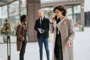 Confident businesswoman talking on a mobile phone in urban setting with colleagues and holiday decorations in the background.