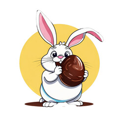 Colorful illustration of a cute fat Easter bunny holding a vivid chocolate Easter egg isolated on a transparent background.
