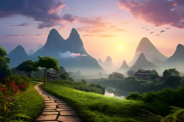 Fototapeten Tranquil Pathway Through a Lush Bamboo Forest with a Majestic Mountain Range Against a Sunset Sky in Asia © Rosie