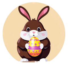 Colorful illustration of a cute fat Easter bunny holding a vivid chocolate Easter egg isolated on a transparent background.