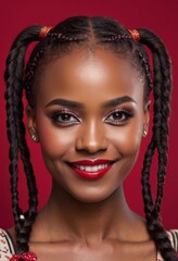Stunning portrait of a smiling woman with braided hair against a red background.
