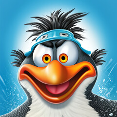 Obraz premium Penguin's Cartoon Headshot Freeze-Frame: Picture a freeze-frame closeup cartoon headshot of an ice-skating сreated with Generative Ai