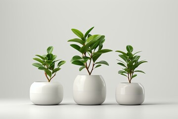 Green plants and white pots on a white background. Growing succulents for home garden, 3d render illustration