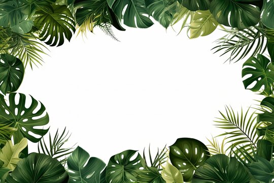 Botanical green leaves with square frame creative layout white background