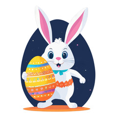 Colorful illustration of a cute Easter bunny holding a vivid chocolate Easter egg isolated on a transparent background.