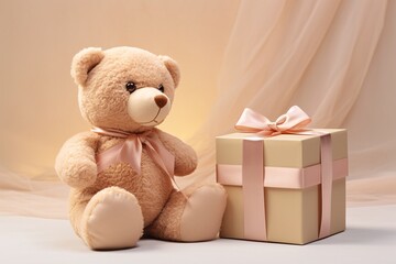a teddy bear sitting next to a gift box