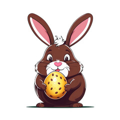 Colorful illustration of a cute fat Easter bunny holding a vivid chocolate Easter egg isolated on a transparent background.
