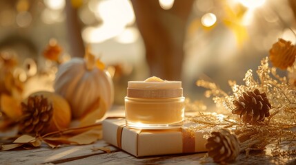 Cosmetic cream in a jar on a background of autumn leaves