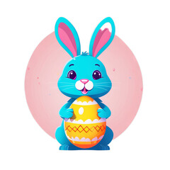 Colorful illustration of a cute Easter bunny holding a vivid chocolate Easter egg isolated on a transparent background.