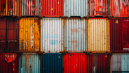 Fototapeta premium A Wall of Stacked Containers Cargo Shipping.