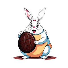 Colorful illustration of a cute fat Easter bunny holding a vivid chocolate Easter egg isolated on a transparent background.