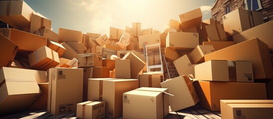Several cardboard boxes are stacked on top of each other, likely in the process of moving house. The boxes are various sizes and shapes, creating a tower of packed belongings.