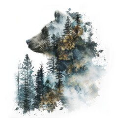 Watercolor illustration image with double exposure of a forest predator bear and its forest habitat