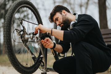 A dedicated businessman in casual attire kneels down to fix his bicycle in a tranquil outdoor...