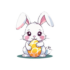Colorful illustration of a cute Easter bunny holding a vivid chocolate Easter egg isolated on a transparent background.