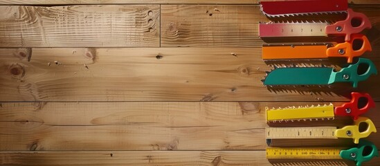 Colored saws and measuring tape on brown wood surface