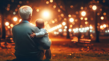 A grandparent holds a grandchild close, their silhouette set against the brilliant dance of park lights at dusk. The scene is a heartwarming display of love and connection in a lively urban setting.