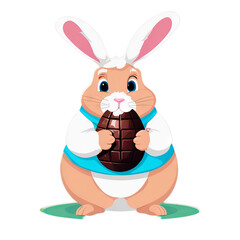 Colorful illustration of a cute Easter bunny holding a vivid chocolate Easter egg isolated on a transparent background.