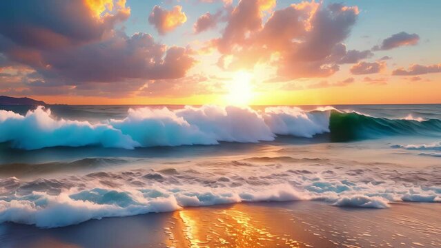 Background A serene beach with crashing waves and a colorful sunset.
