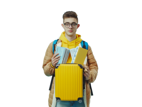 A portrait of the young travel man with lagguage.