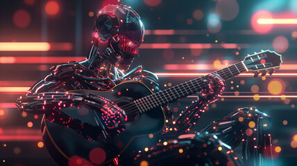 A metallic robot with illuminated joints creates harmony, playing an acoustic guitar amidst vibrant...