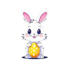 Colorful illustration of a cute Easter bunny holding a vivid chocolate Easter egg isolated on a transparent background.